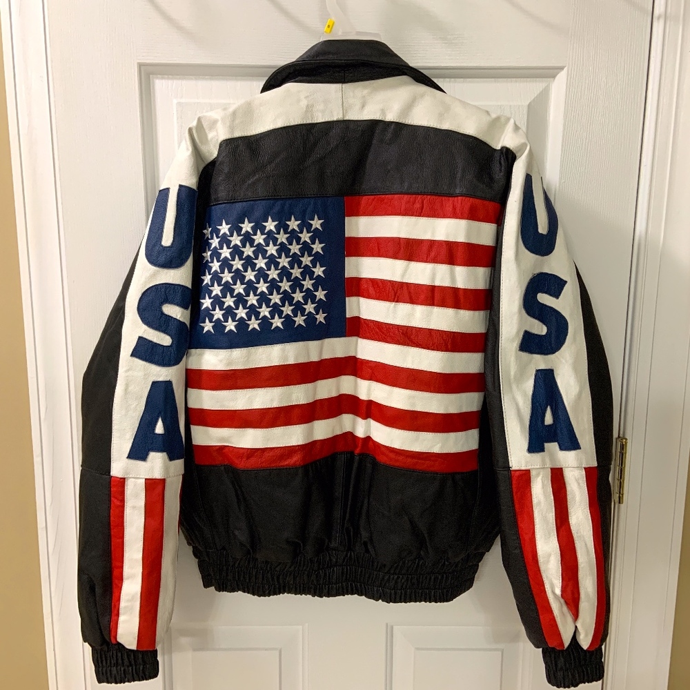 USA Flag Vintage Real Leather Bomber Motorcycle Jacket